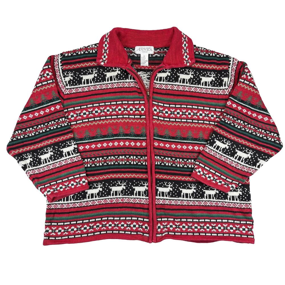 Casual Corner VTG Fair Isle Cardigan Sweater Womens 2X Red Reindeer Full Zip